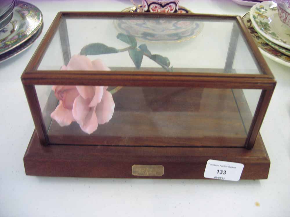 Queen`s Silver Jubilee 1977, commemorative china rose in wood & glass case with hallmarked silver