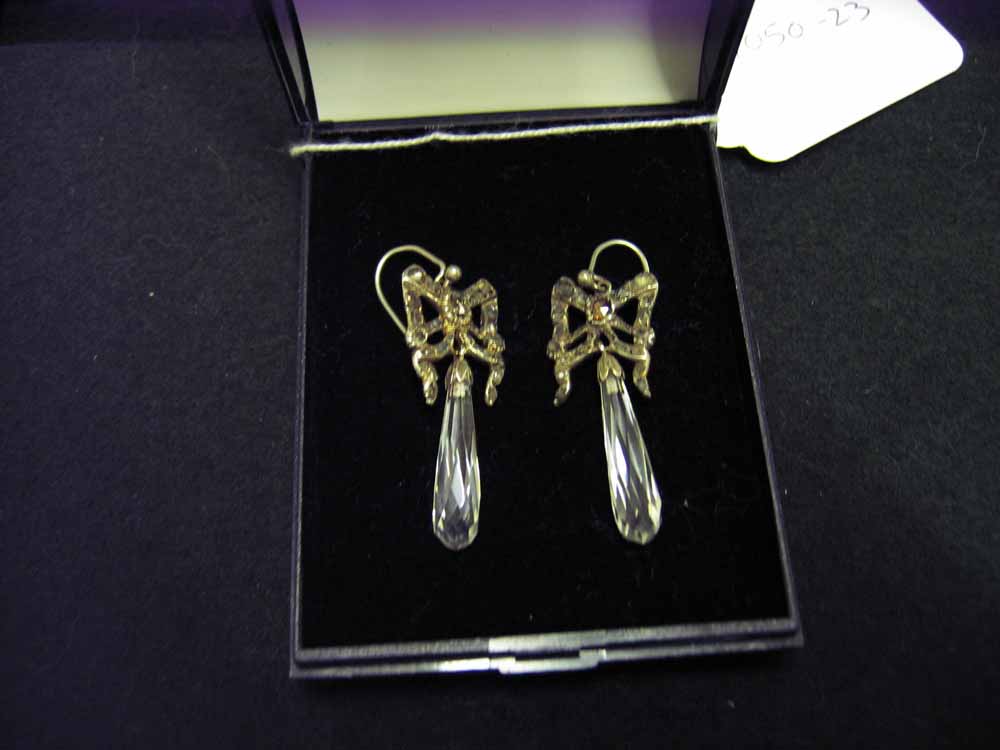 A pair of circa 1800 earrings set with diamonds & cut glass drops