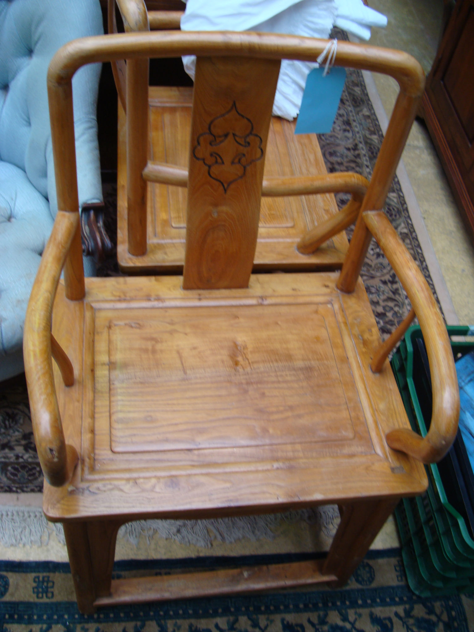 Pair of 19thC Chinese yellow elm armchairs, restored