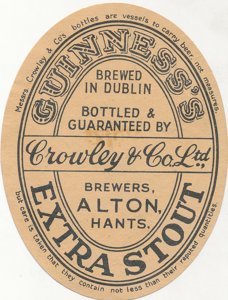 BEER LABELS, Guinness, bottled by Crowley & Co. Alton, pre-1936, vo, slight sticker stain, G