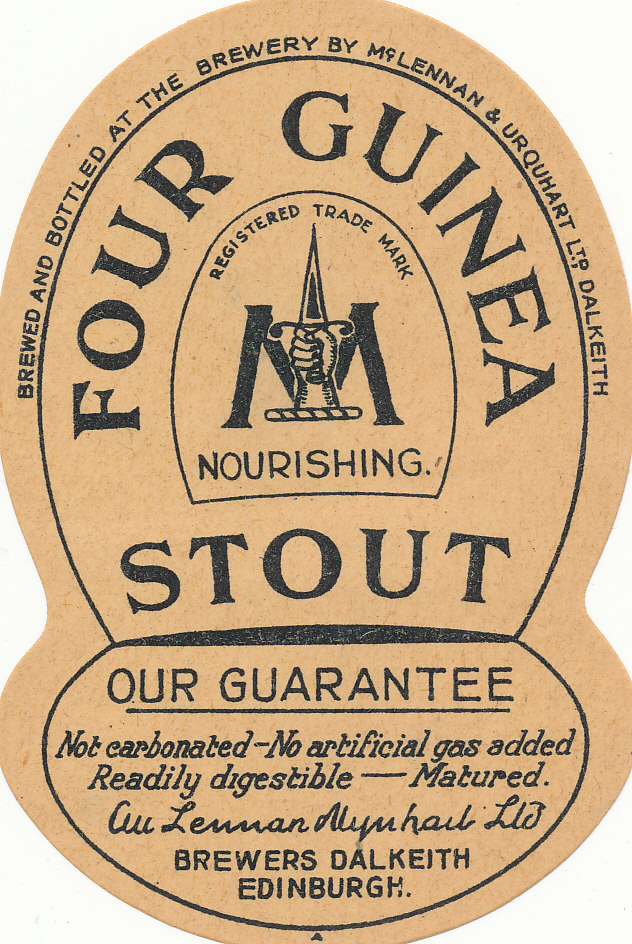 BEER LABELS, McLennan & Urquhart (Dalkeith), Four Guinea Stout, mid-1930s, shaped vo, VG