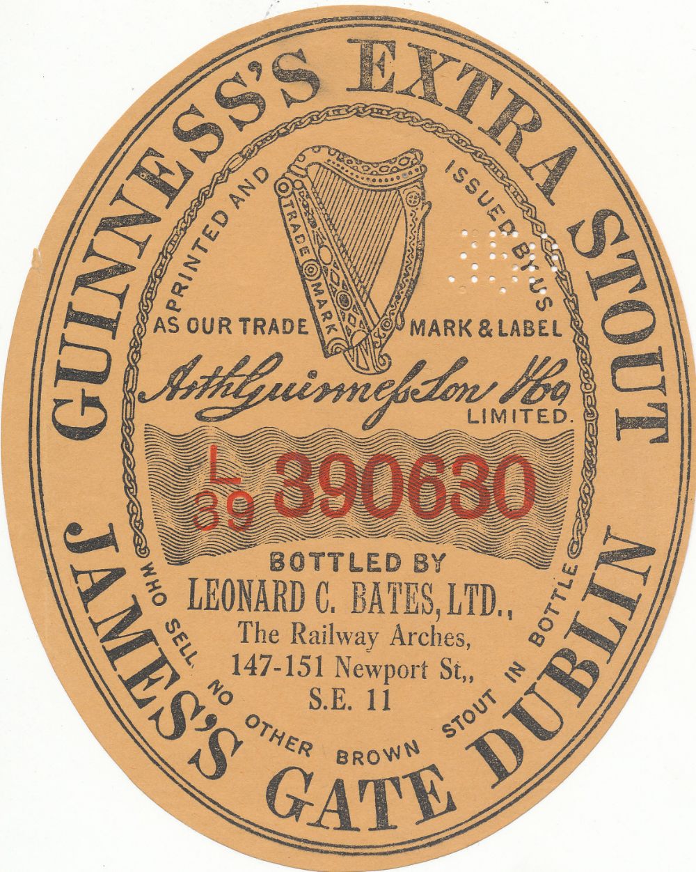 BEER LABELS, Guinness, James Gate (Dublin), bottled by Bates of S.E.11, 1939, large vo, slight