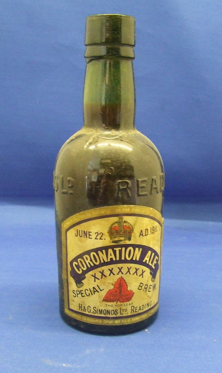 BEER BOTTLE, H & Simonds of Reading, Coronation Ale, 1911, in impressed bottle, lacking cap, no