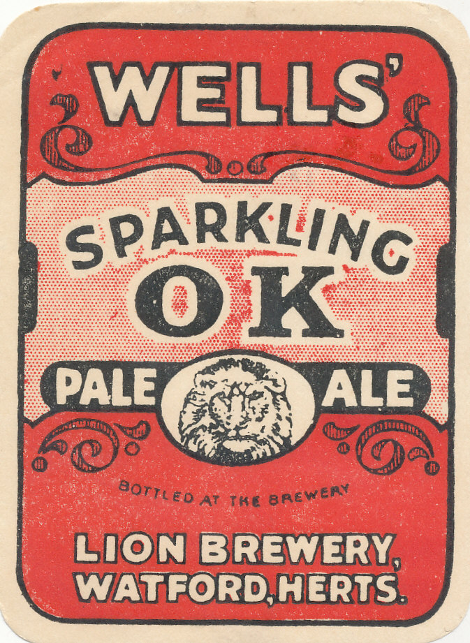 BEER LABELS, Wells (Watford), Sparkling OK Pale Ale, possibly pre-1925, rv, slight creasing, G