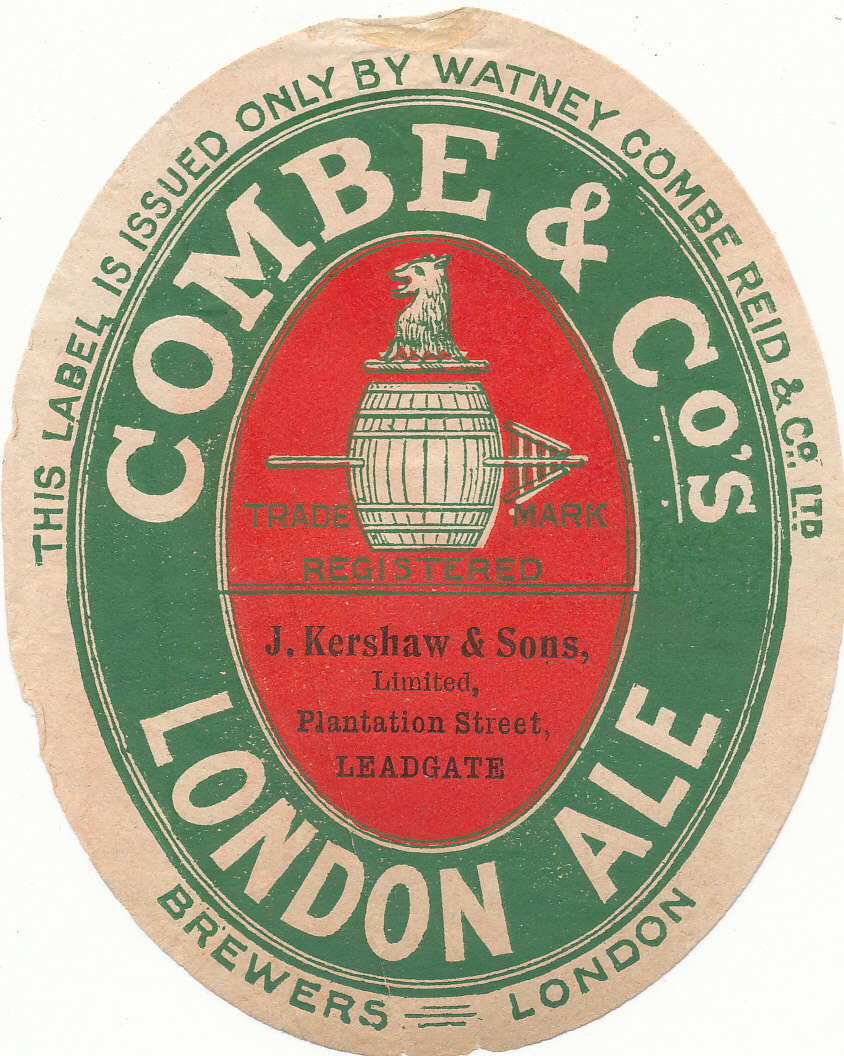 BEER LABELS, Watney Combe Reid & Co., Combe & Co., for J. Kershaw of Ledgate, c.1910, vo, creasing