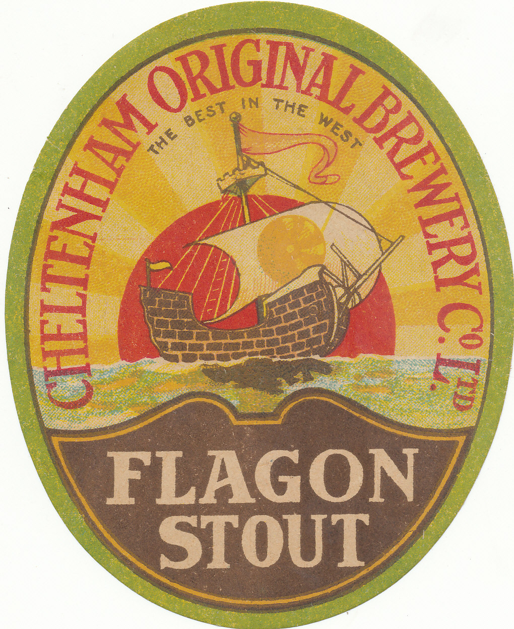 BEER LABELS, Cheltenham Original Brewery Co., Flagon Stout, 1920s/30s, illustrated, large vo, G