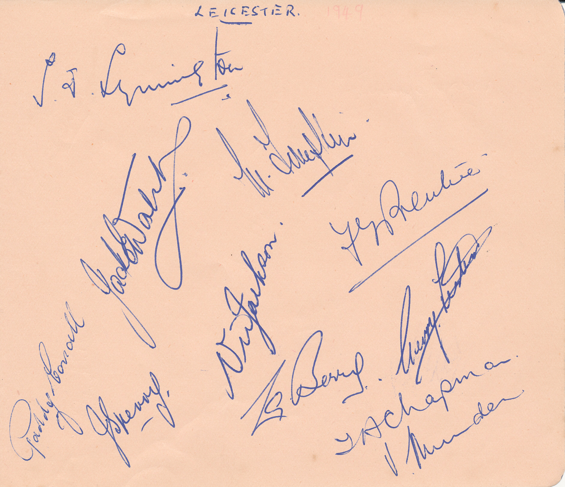 LEICESTERSHIRE, 6" x 5" album page, signed by 11 members of a 1949 team, inc Berry, Munden, Jackson,