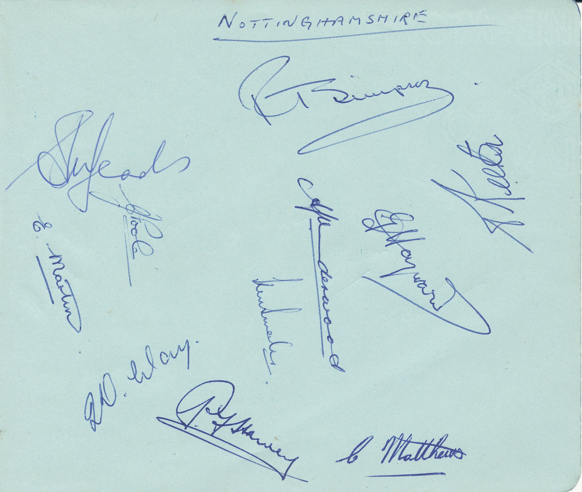 NOTTINGHAMSHIRE, 6" x 5" album page, signed by 11 members of a 1950 side, inc G. Hayward (1 match