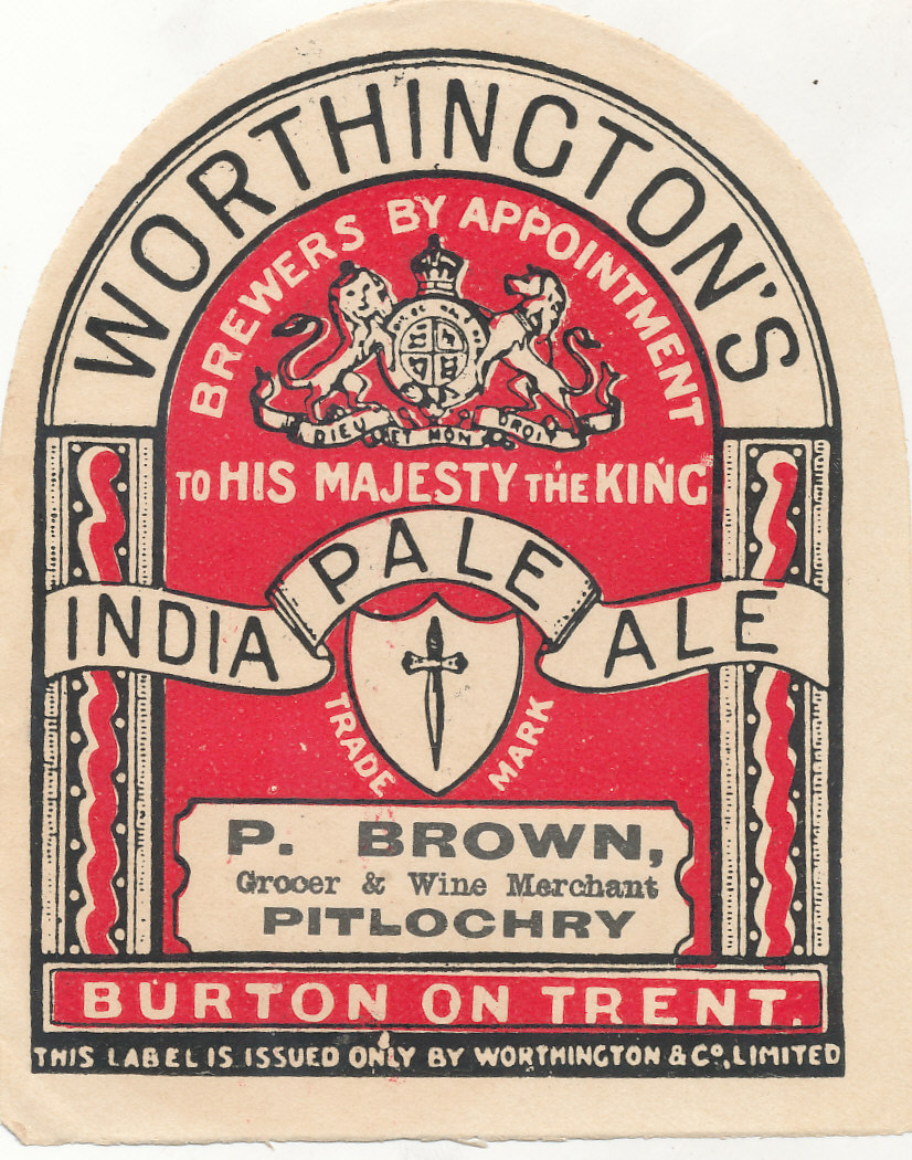 BEER LABELS, Worthingtons (Burton-on-Trent), for P. Brown Pitlochry, IPA, 1930s, beehive, VG