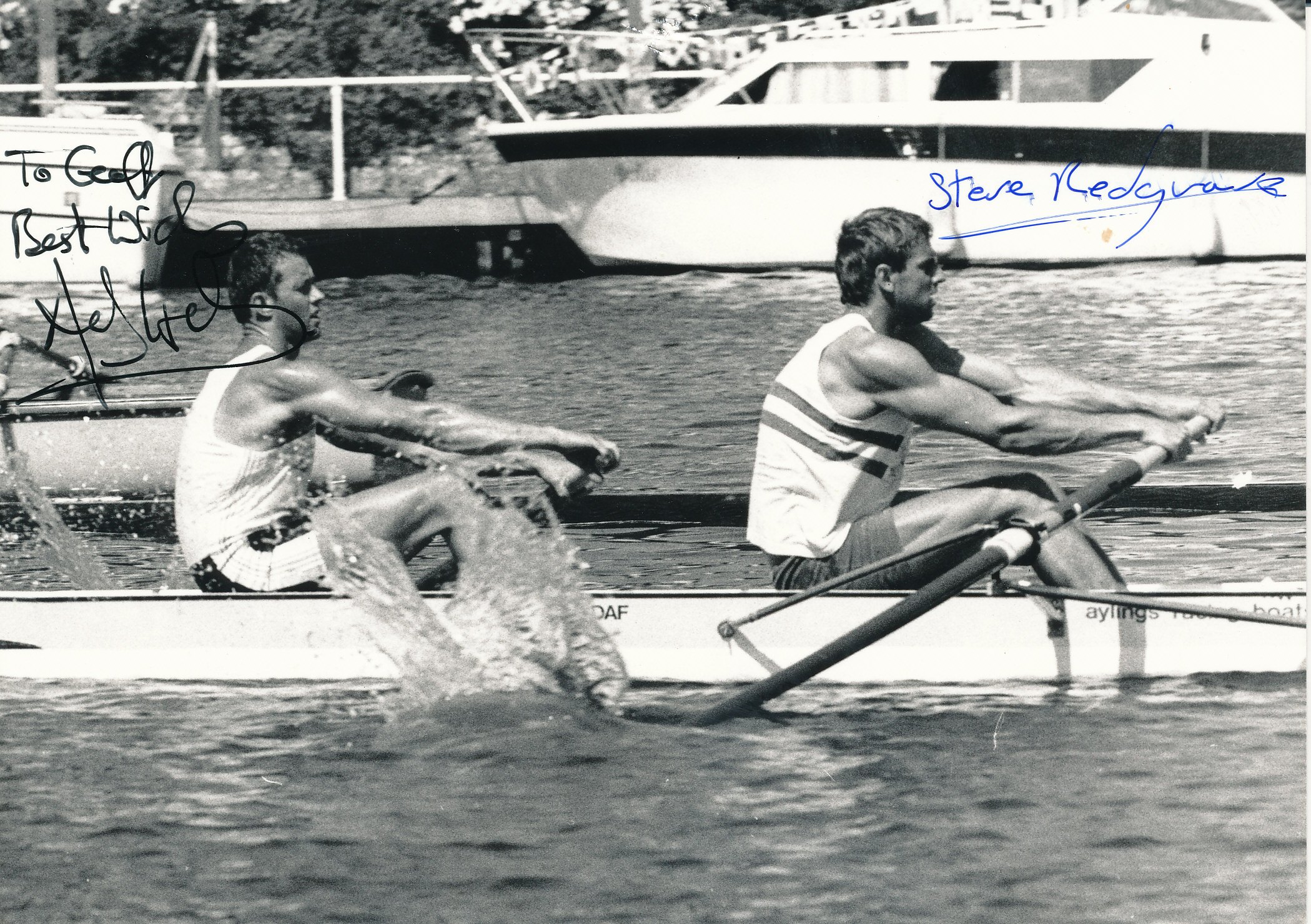 OLYMPICS, Rowing, 7" x 5" action shot, signed by Steve Redgrave and Andy Holmes, together with two