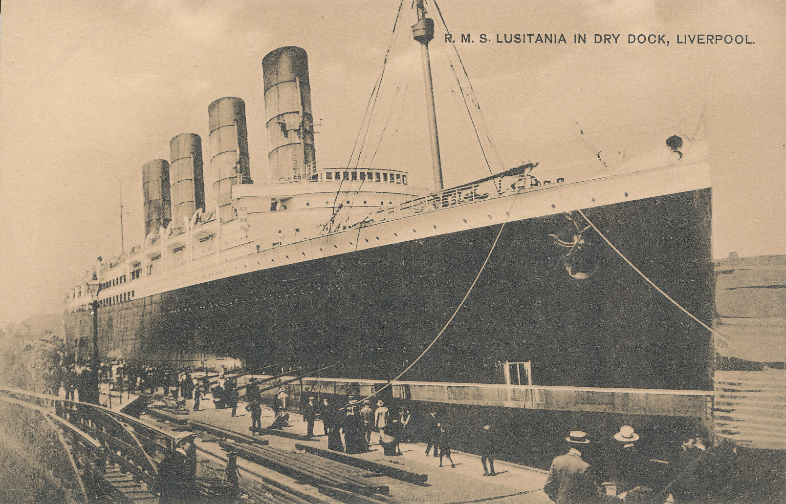 LUSITANIA, sepia, showing her in dry dock in Liverpool, by Lang, VG (postcards)