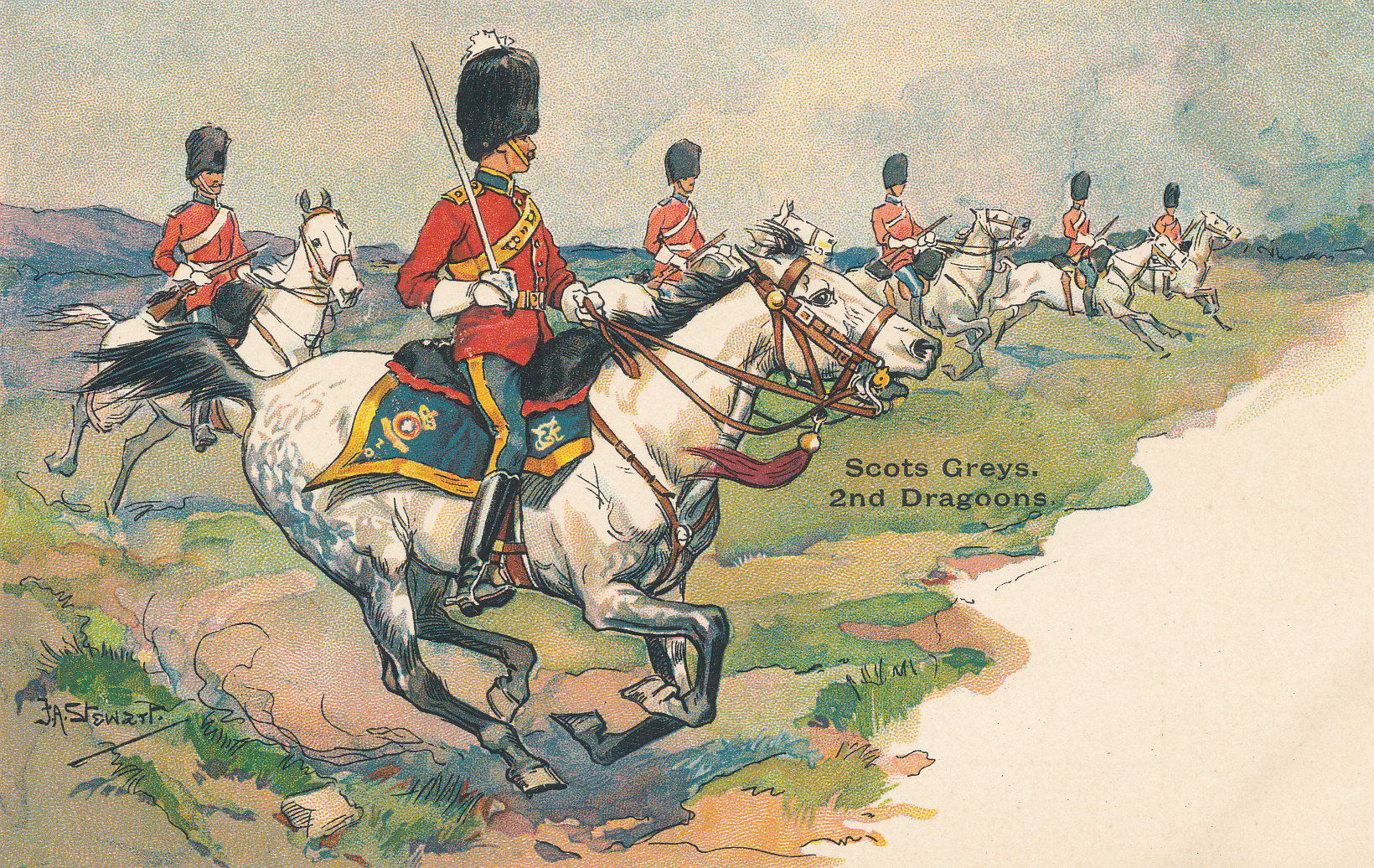 MILITARY, Chromo style, by J.R. Stewart, pub by Nister, 17th Lancers, 2nd Life Guards, 2nd