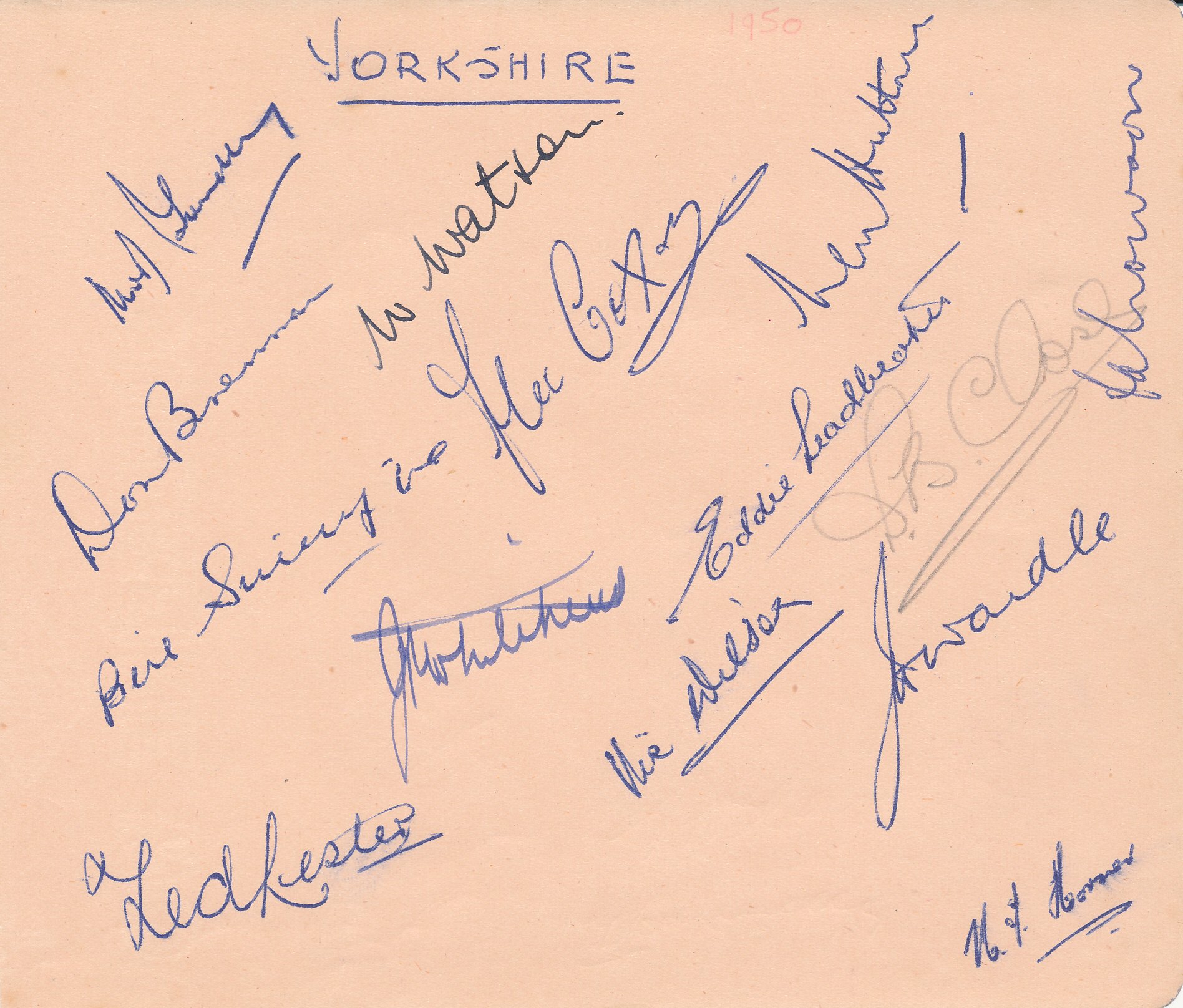 YORKSHIRE, 6" x 5" album page, signed by 14 members of a 1950 squad, inc Close (pencil), Wardle,