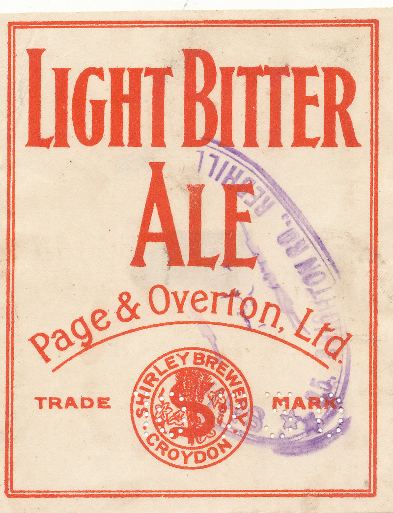 BEER LABELS, Page & Overton (Croydon), Light Bitter Ale, 1930, with purple company cachet with date,
