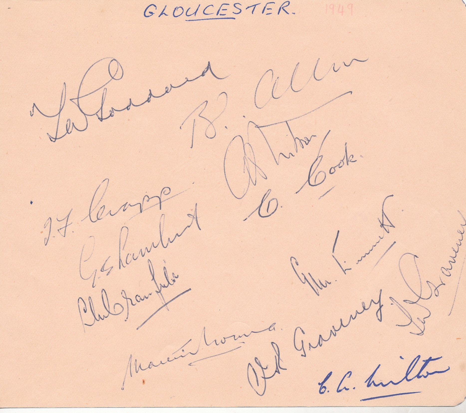 GLOUCESTERSHIRE, 6" x 5" album page, signed by 12 members of a 1949 team, inc Goddard, Allen,