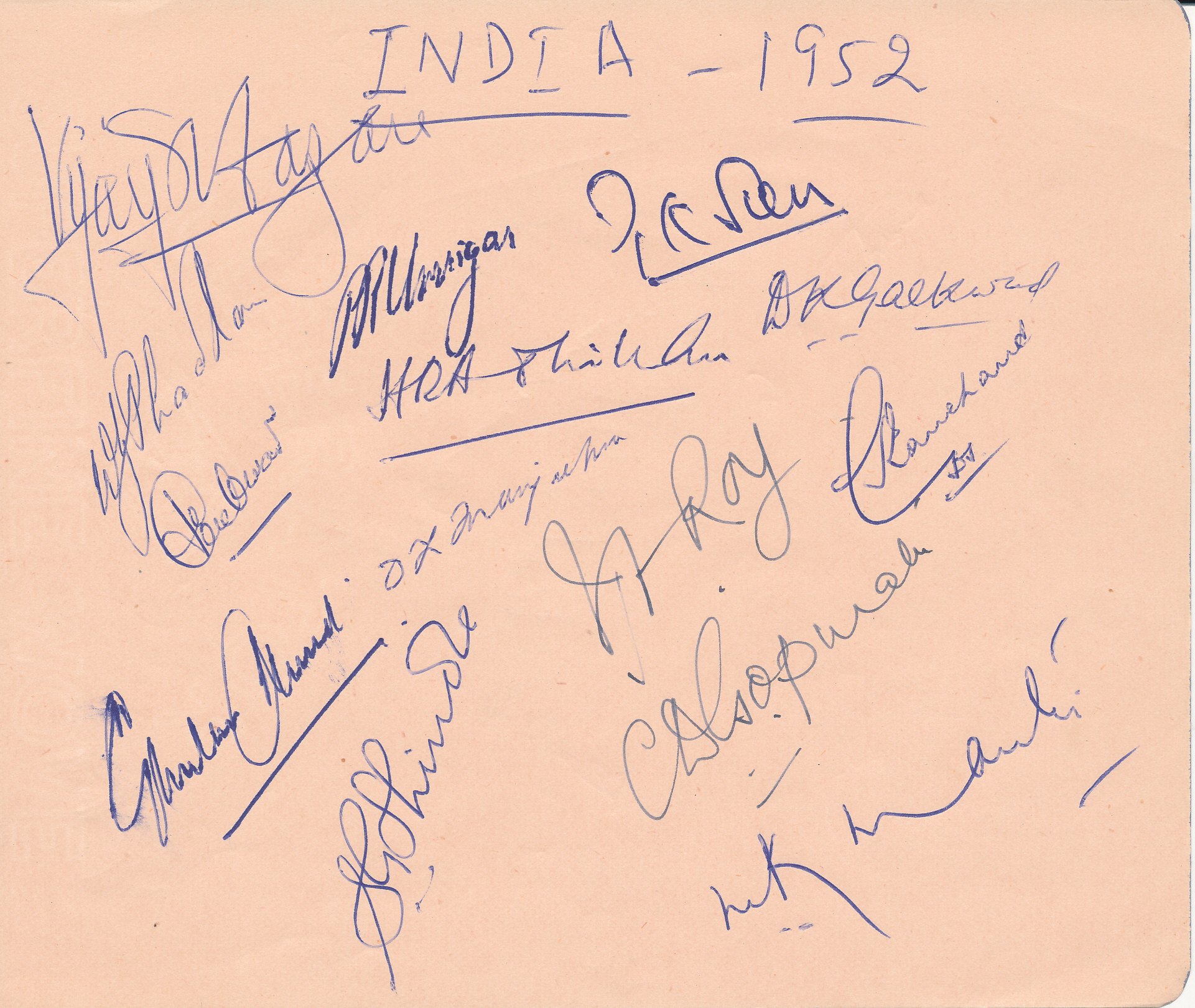 INDIA, signed 6" x 5" album page, by 14 members of the 1952 tourists, Hazare, Roy, Sen, Shinde, D