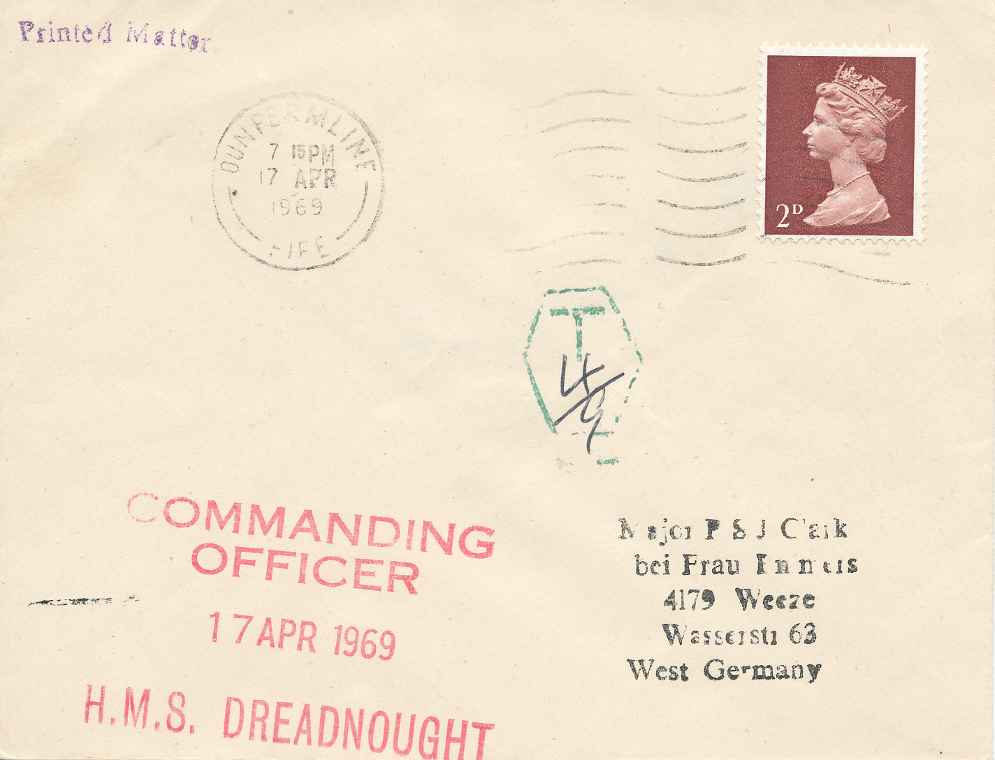 NAVAL, a complete cover to West Germany, 17th April 1969, on 2.d stamp with red cachet Commanding