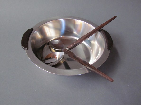 A Danish stainless steel salad bowl and a pair of servers