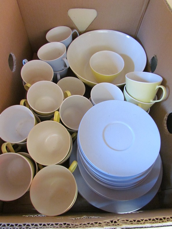 A box of assorted Melaware tea wares and fruit bowl