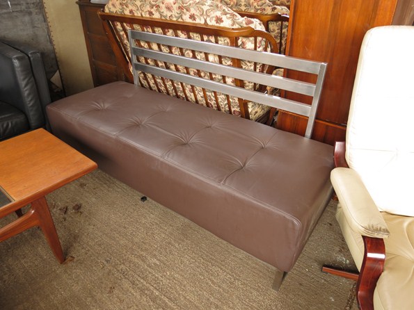 Contemporary metal and brown leather bench seat