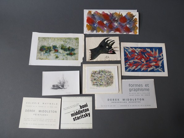 A collection of ephemera relating to Derek Middleton including exhibition flyers and painted