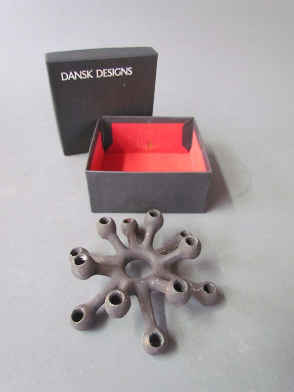 Dansk design, Denmark, cast iron tapered candle holder marked to base with original box