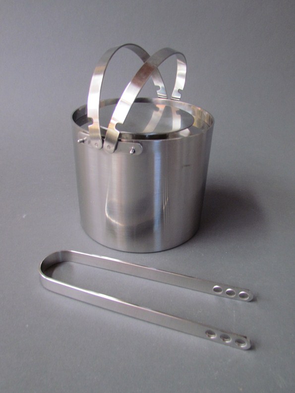 A Stelton of Denmark stainless steel lidded ice bucket and tongs