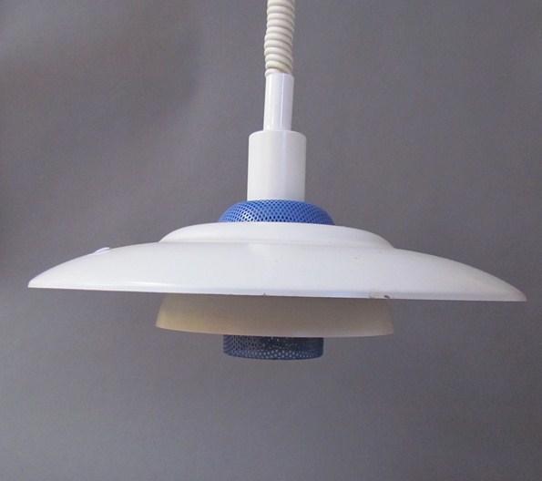A PH style three tiered ceiling light in white with blue mesh, push pull cord