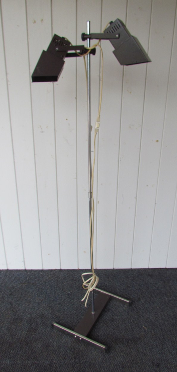 A two spot 'Davids lamp' in brown on a chrome rod and H base