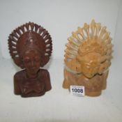 2 carved Burmese wooden busts