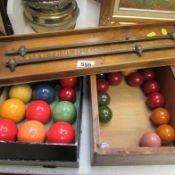 A snooker score board and balls