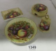 An Aynsley fruit pattern bell, lidded pot and 2 dishes