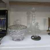 A ship's decanter, rose bowl and 2 glass oil rig ornaments