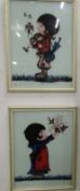 A pair of paintings on glass of girl with birds, signed