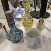 3 china vases and a glass jug