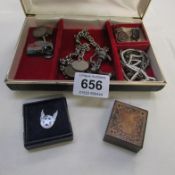 A box of assorted coins, badges, small Tunbridge box etc