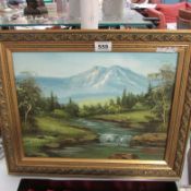 An oil on canvas of mountain stream by H McDaniel