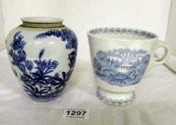 A blue and white ginger jar and a blue and white mug with river scene