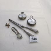 2 pocket watches, silver wristwatch, silver handled glove stretchers and bow brooch