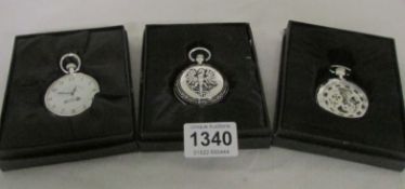 3 boxed Heritage collection silver plated pocket watches