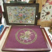 A quantity of framed needleworks including trays