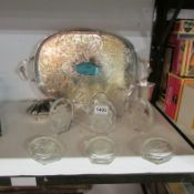 A silver plated tray, 9 paperweights and 2 other items