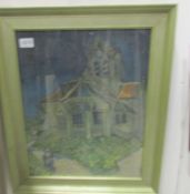 A framed & glazed print of  church at Auvers