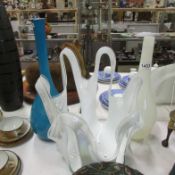 2 art glass vases and a large art glass basket