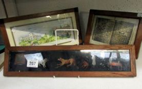 A large hand painted glass slide and 2 pictures