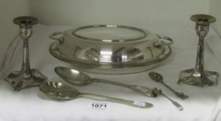 A mixed lot of silver plate including candlesticks, tureen etc