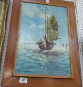 An oil on canvas of a sailing boat by S T Hung
