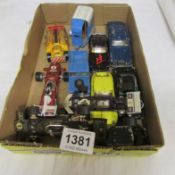 A quantity of playworn Dinky and Corgi including racing cars, Land Rover etc