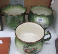 2 Green KLM planters and a chamber pot (1 a/f)