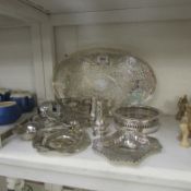A mixed lot of silver plate including wine coaster, tray etc